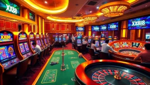 Players enjoying various games at XX88 casino with vibrant slot machines and roulette wheels.
