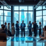 Showcasing technology innovations in a vibrant office setting with diverse professionals.