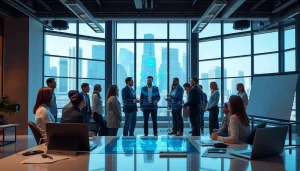 Showcasing technology innovations in a vibrant office setting with diverse professionals.