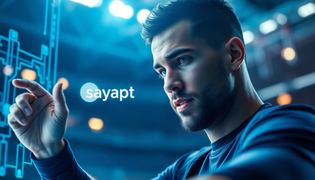 Masuk ke sayaptogel login dengan antarmuka digital dan atlet yang bersemangat.