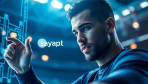 Masuk ke sayaptogel login dengan antarmuka digital dan atlet yang bersemangat.