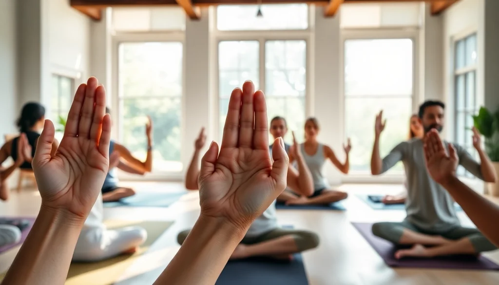 Practice yoga mudras in a tranquil studio with diverse practitioners forming gestures together.
