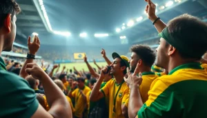 Engaged fans enjoying sports betting in Brazil with vibrant stadium atmosphere.
