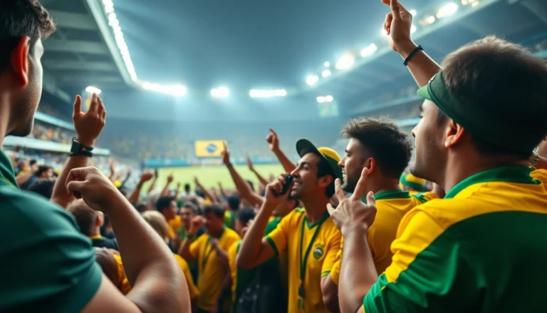 Engaged fans enjoying sports betting in Brazil with vibrant stadium atmosphere.