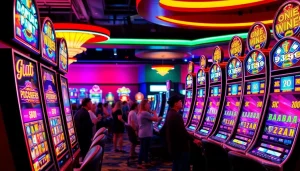 Permainan slot dengan berbagai mesin menarik dan pencahayaan cerah yang memikat perhatian.