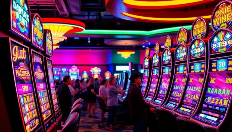 Permainan slot dengan berbagai mesin menarik dan pencahayaan cerah yang memikat perhatian.