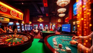 Experience the thrill of gambling at okfun.com with a vibrant casino scene featuring roulette, blackjack, and excited players.