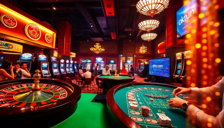 Experience the thrill of gambling at okfun.com with a vibrant casino scene featuring roulette, blackjack, and excited players.