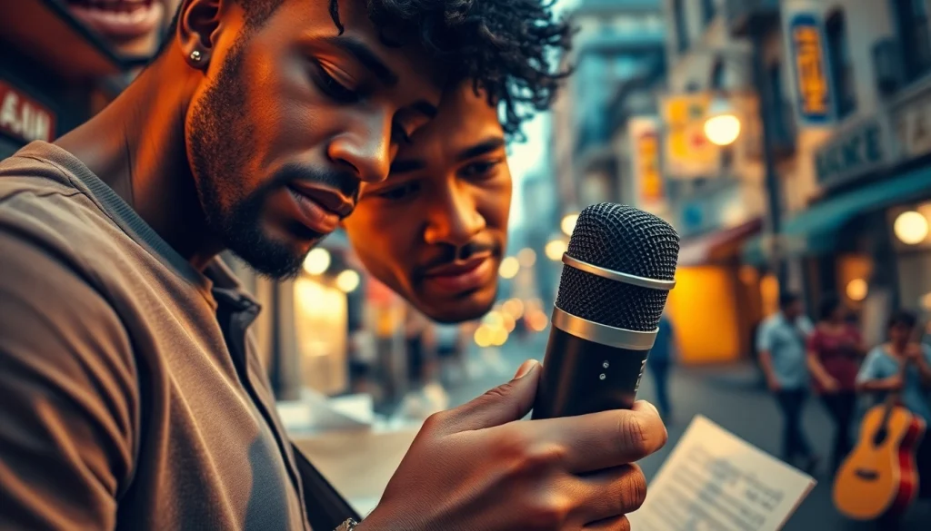 Musician recording with MV88 microphone in an urban creative setting.