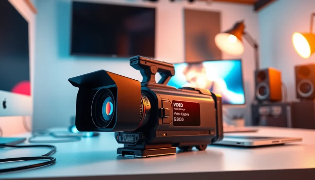 Capture professional video capture with modern camcorder and laptop setup on bright desk.