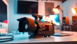Capture professional video capture with modern camcorder and laptop setup on bright desk.