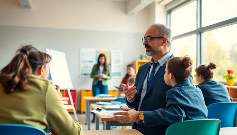 Engaged teacher facilitating Education in a colorful, bright classroom with enthusiastic students.