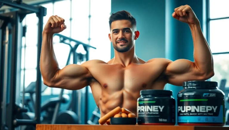 Focusing on HGH FOR SALE, motivated athlete showcasing strength in a vibrant gym.