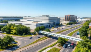 Showcasing industrial leasing spaces with modern facilities and vibrant urban backdrop.