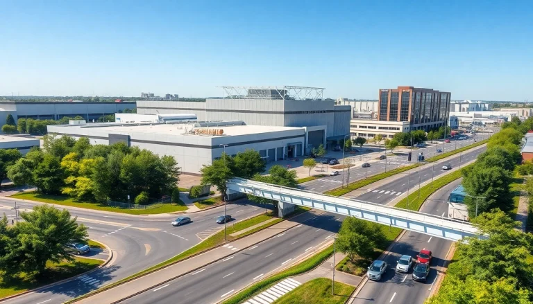 Showcasing industrial leasing spaces with modern facilities and vibrant urban backdrop.