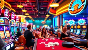 Menggambarkan kasinojitu yang ramah dengan pemain dan mesin slot berwarna-warni di dalamnya.