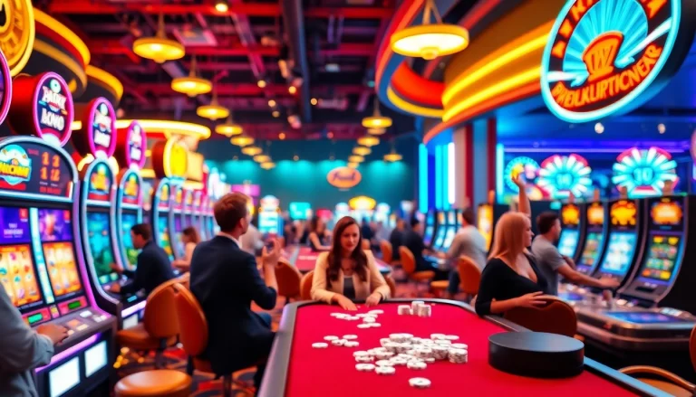 Menggambarkan kasinojitu yang ramah dengan pemain dan mesin slot berwarna-warni di dalamnya.