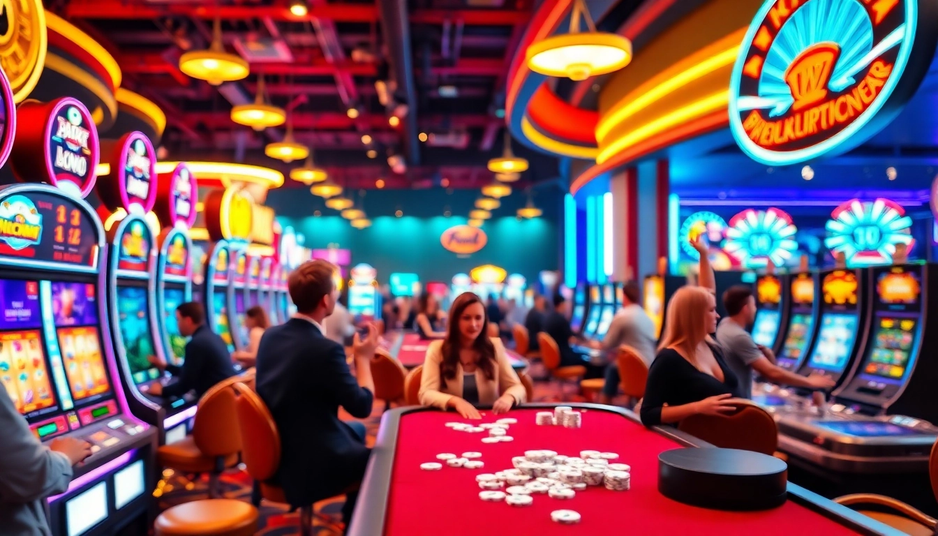 Menggambarkan kasinojitu yang ramah dengan pemain dan mesin slot berwarna-warni di dalamnya.
