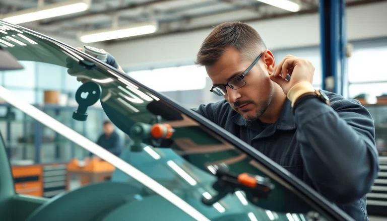 See a mechanic engaged in a precise windshield replacement inside a professional auto shop.