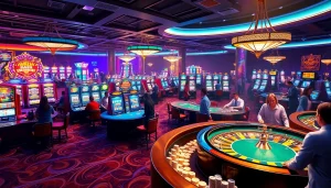 Experience the vibrant gambling world of KJC AC 1 with players enjoying casino tables and slot machines.