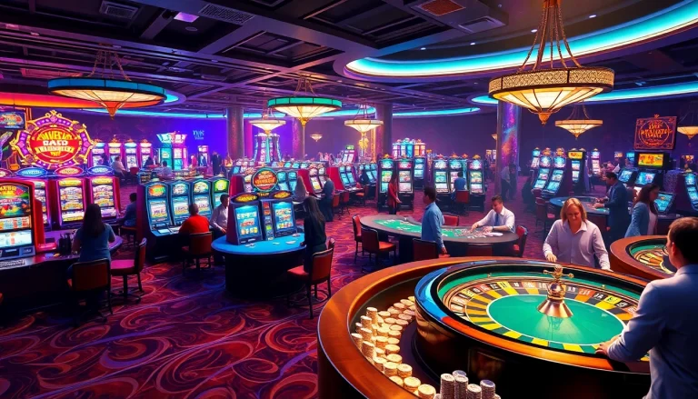 Experience the vibrant gambling world of KJC AC 1 with players enjoying casino tables and slot machines.
