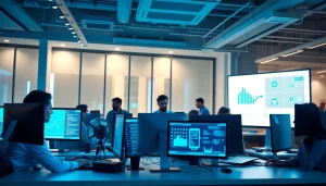 Managed IT Services Tampa teamwork in a modern office setting with IT professionals and digital devices.