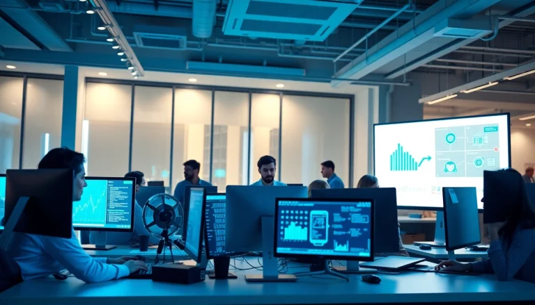 Managed IT Services Tampa teamwork in a modern office setting with IT professionals and digital devices.