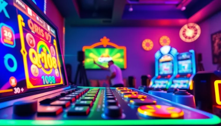 Permainan QRIS108 Slot dengan fitur menarik di layar dalam setting yang ceria.