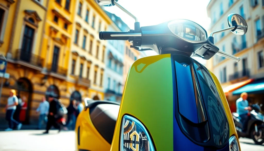 Motorroller kaufen - Ein eleganter motorroller vor historischen Gebäuden in einer belebten Stadt.