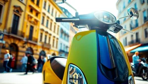 Motorroller kaufen - Ein eleganter motorroller vor historischen Gebäuden in einer belebten Stadt.