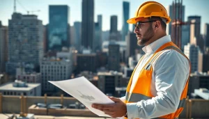 New York General Contractor assessing construction plans and site materials efficiently.