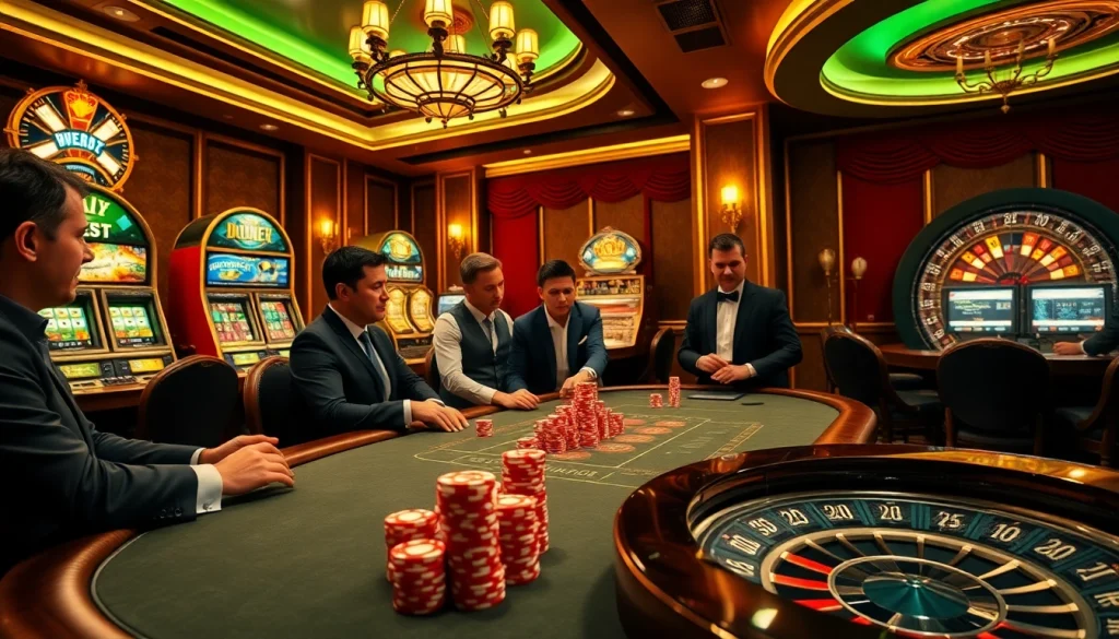 Trải nghiệm cảm giác hồi hộp khi chơi Bet VIP với cảnh sòng bạc sống động, nổi bật bàn poker và máy đánh bạc.