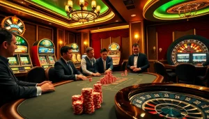 Trải nghiệm cảm giác hồi hộp khi chơi Bet VIP với cảnh sòng bạc sống động, nổi bật bàn poker và máy đánh bạc.