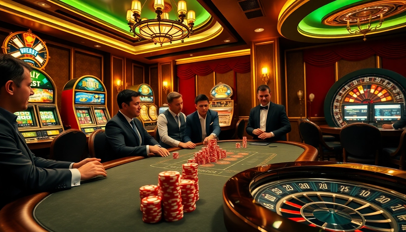 Trải nghiệm cảm giác hồi hộp khi chơi Bet VIP với cảnh sòng bạc sống động, nổi bật bàn poker và máy đánh bạc.