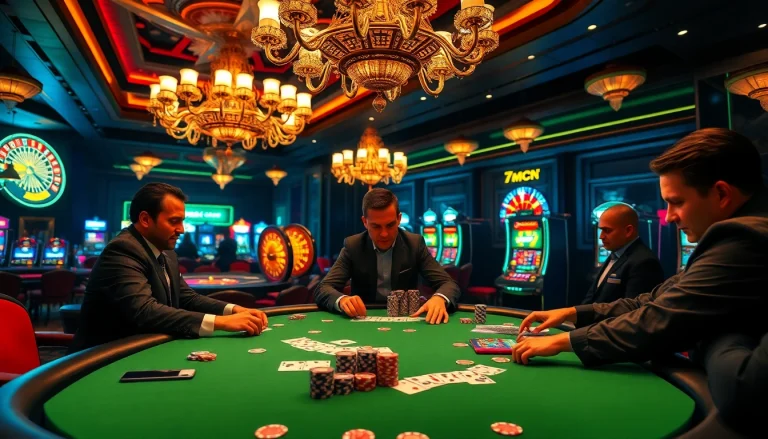 A thrilling poker game at a luxury casino featuring strategic moves and vibrant 7mcn elements.