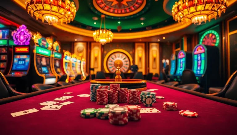 Exciting casino scene showcasing gambling action at trang chủ tg88 with vibrant tables and slot machines.