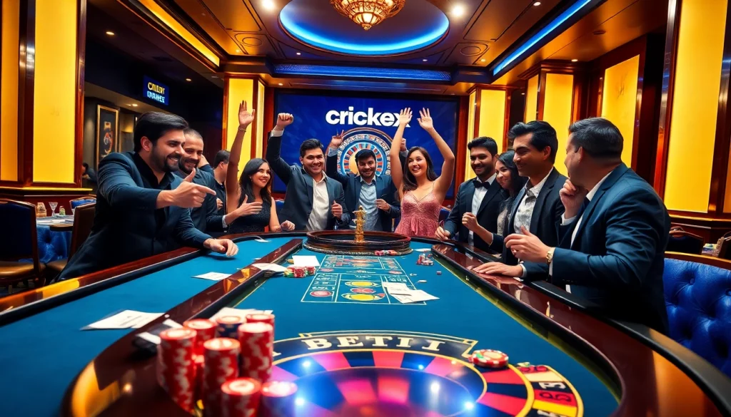 Players enjoying cricket-themed betting at a lavish Crickex casino, showcasing excitement and strategy.