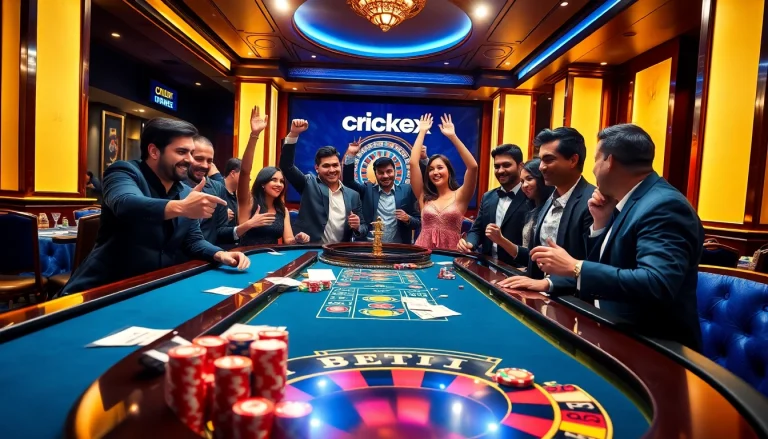 Players enjoying cricket-themed betting at a lavish Crickex casino, showcasing excitement and strategy.