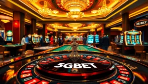 Experience the excitement of 5GBET games at a luxurious casino with roulette and poker tables.