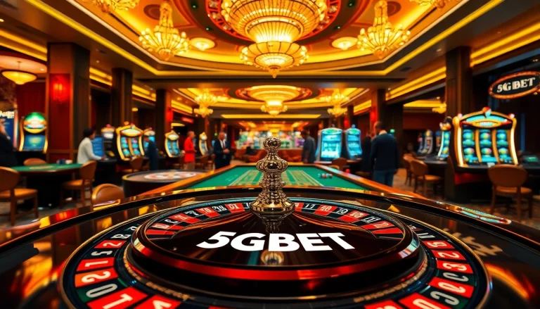 Experience the excitement of 5GBET games at a luxurious casino with roulette and poker tables.