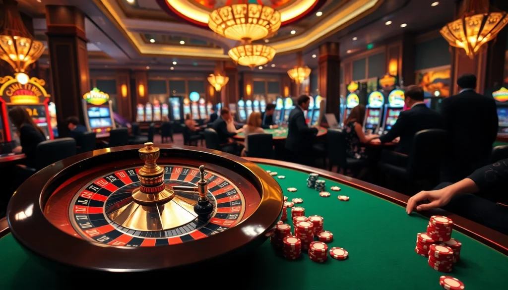 Gambling excitement at Top 10 Nhà Cái Uy Tín with roulette, poker chips, and vibrant slot machines.