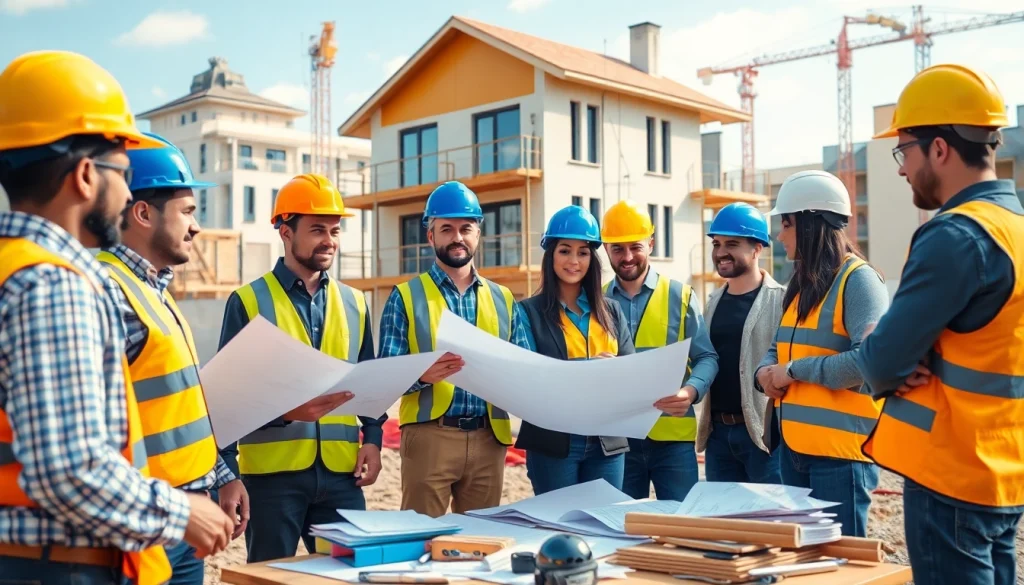 Builders discussing plans for the Texas association of builders project at a construction site.