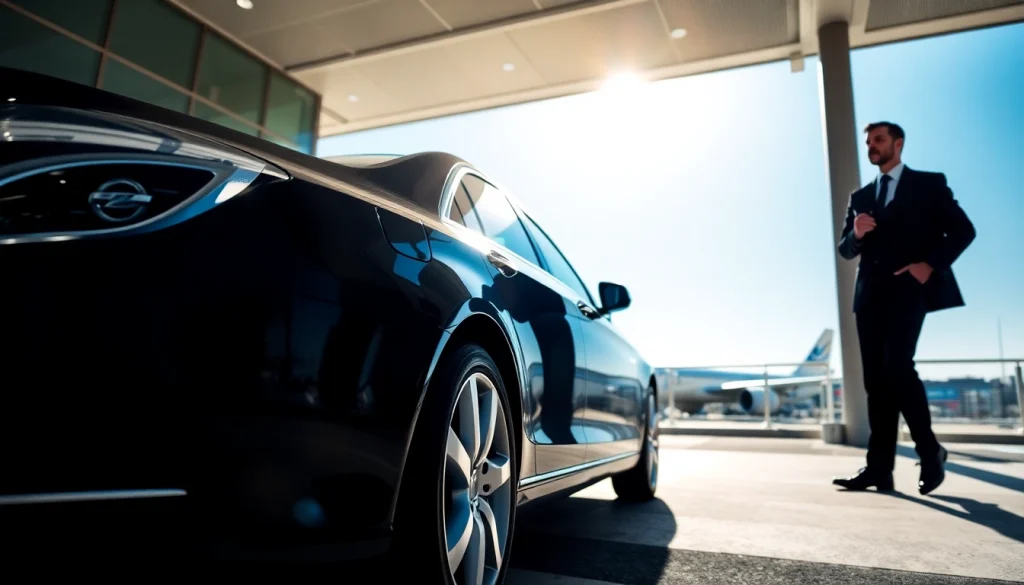 Experience airport black car service with a luxurious vehicle at the airport, showcasing professionalism and comfort.
