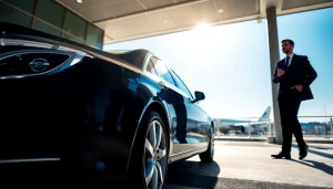 Experience airport black car service with a luxurious vehicle at the airport, showcasing professionalism and comfort.
