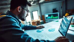 Engineer reviewing das 140 technology plans in a bright office setting.