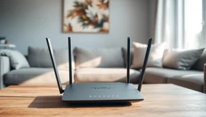 Displaying a shiny vpn router for home on a stylish table, ideal for secure internet connections.