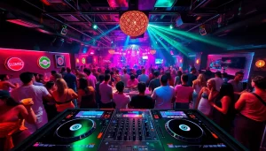 Vibrant atmosphere of a social club palma, showcasing dance floor energy and stylish decor.