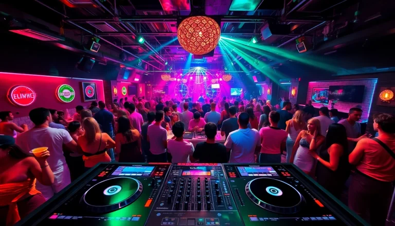Vibrant atmosphere of a social club palma, showcasing dance floor energy and stylish decor.