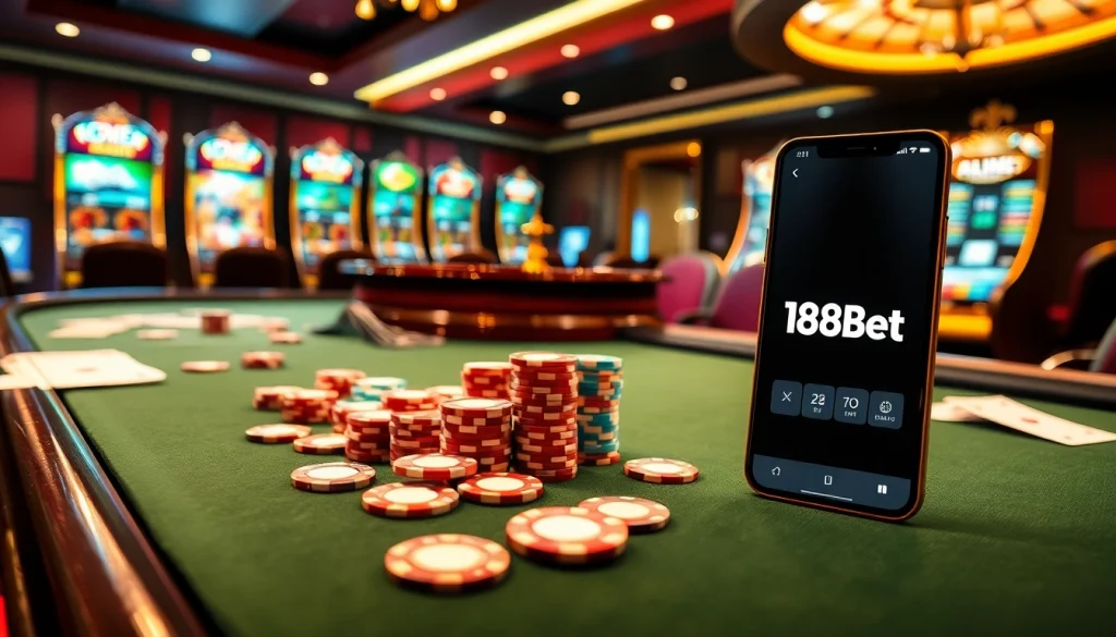 Experience high-stakes gaming at 188bet with a luxurious casino atmosphere featuring poker chips and a roulette wheel.