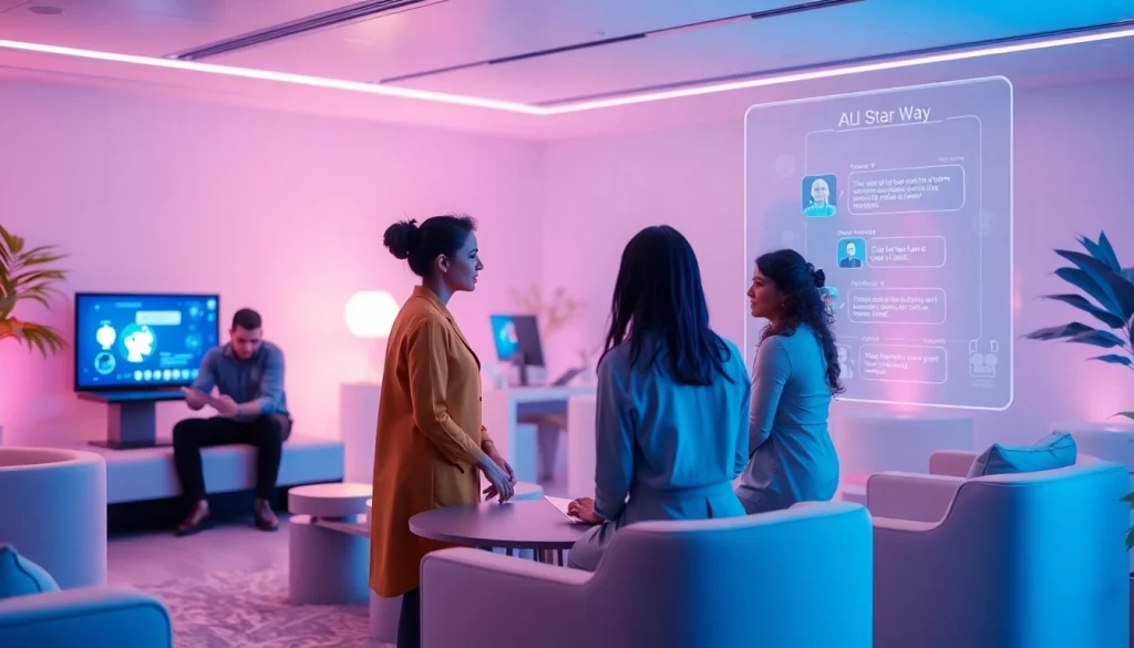 Interactive scene showcasing sex AI chatbots facilitating intimate conversations in a futuristic lounge.